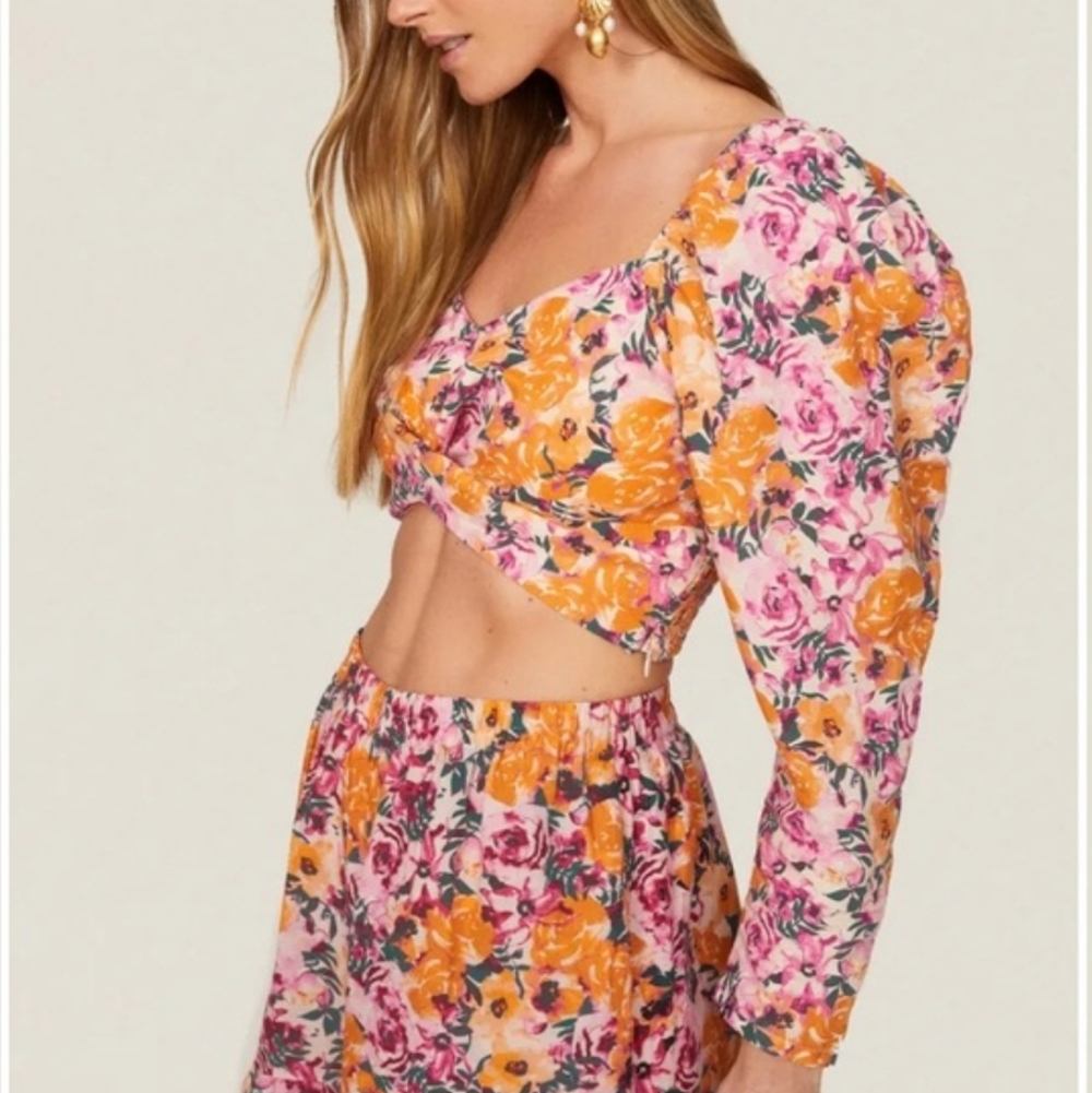 Something Navy Floral Puff Shoulder Top Orange Pink Linen Cotton XS Cropped